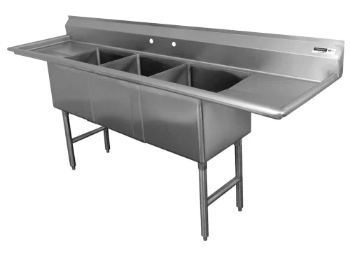 Tarja industrial de acero inoxidable con tres compartimientos y escurridero, ideal para cocinas profesionales y áreas de lavado comercial.
